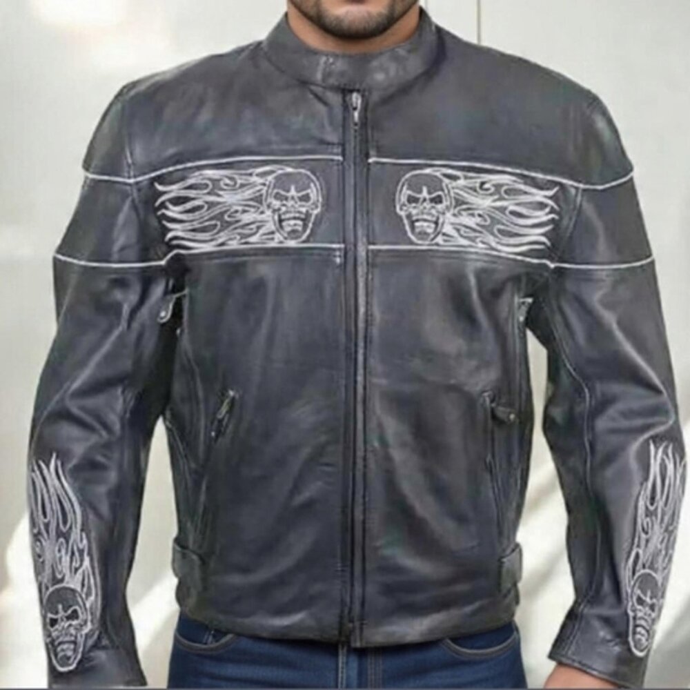 🖤Vtg.Moto Biker Heavy Black Leather Bomber Jacket Reflective  Skull Design